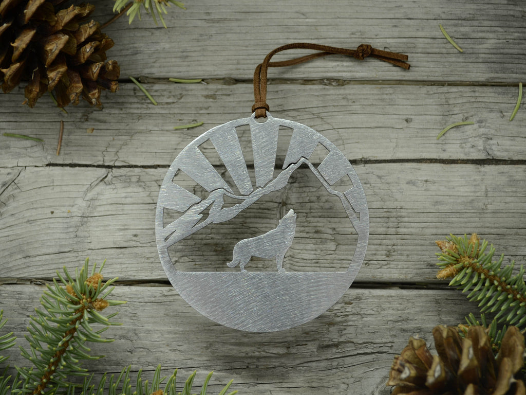 Wolf Mountain Ornament Silver created by Blue Moose Metals. Made in Montana