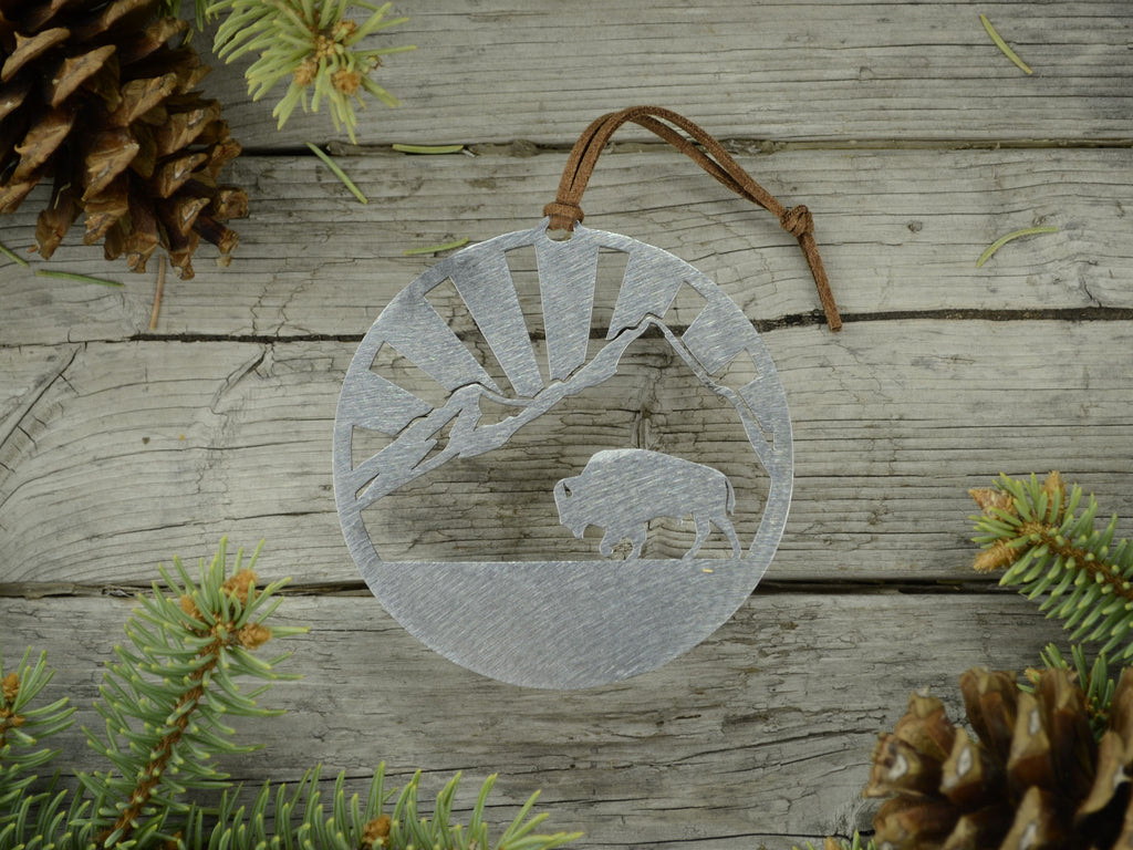 Bison Mountain Ornament Silver created by Blue Moose Metals. Made in Montana