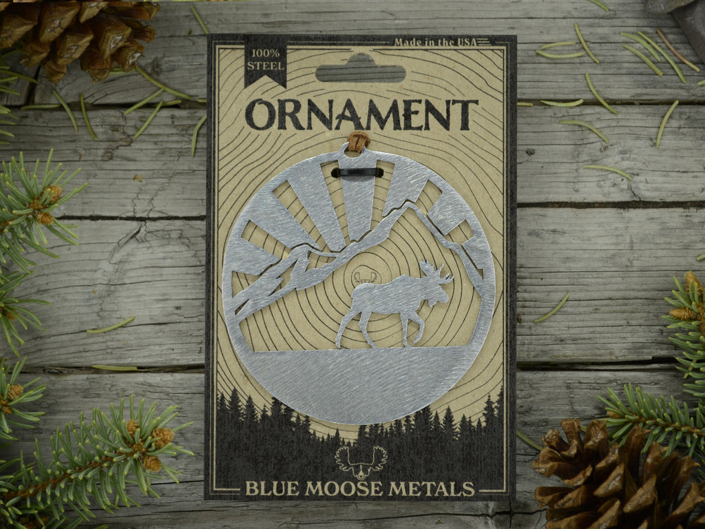 Moose Mountain Ornament created by Blue Moose Metals. Made in Montana