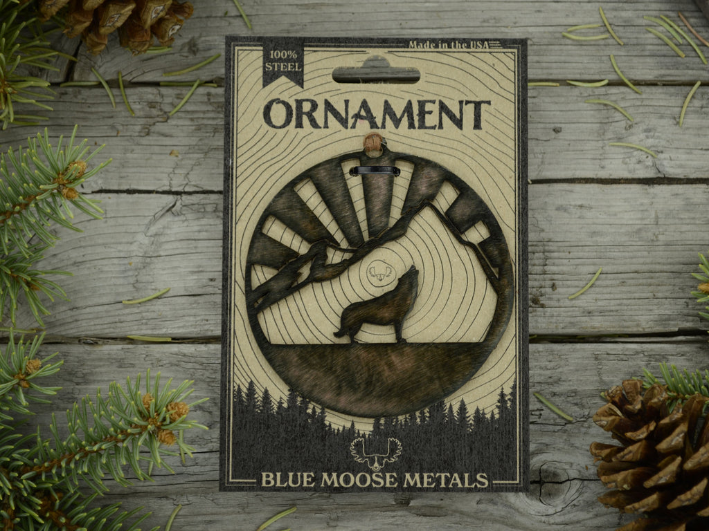 Wolf Mountain Ornament created by Blue Moose Metals. Made in Montana