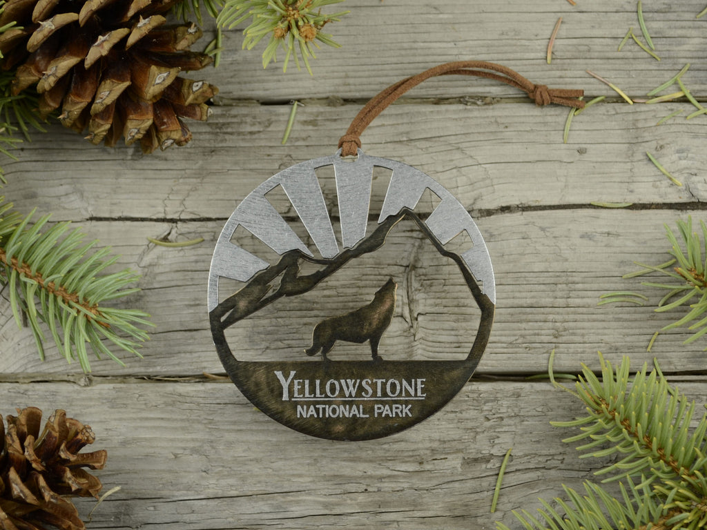 Personalized Wolf Mountain Ornament Bronze created by Blue Moose Metals. Made in Montana