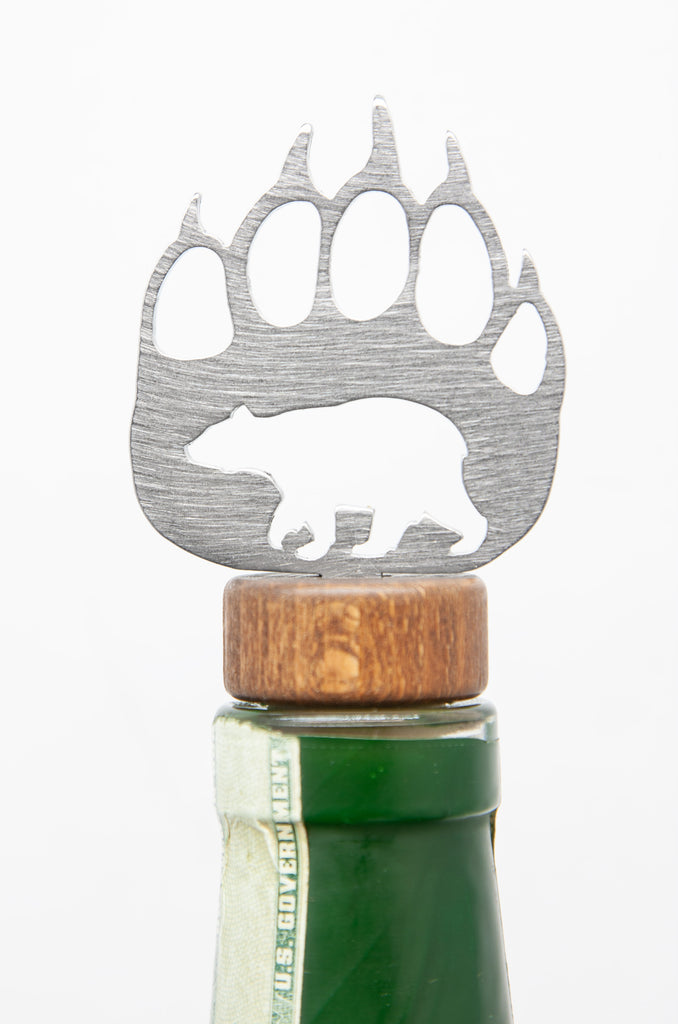 Bear Paw Wine Bottle Stopper Silver created by Blue Moose Metals. Made in Montana