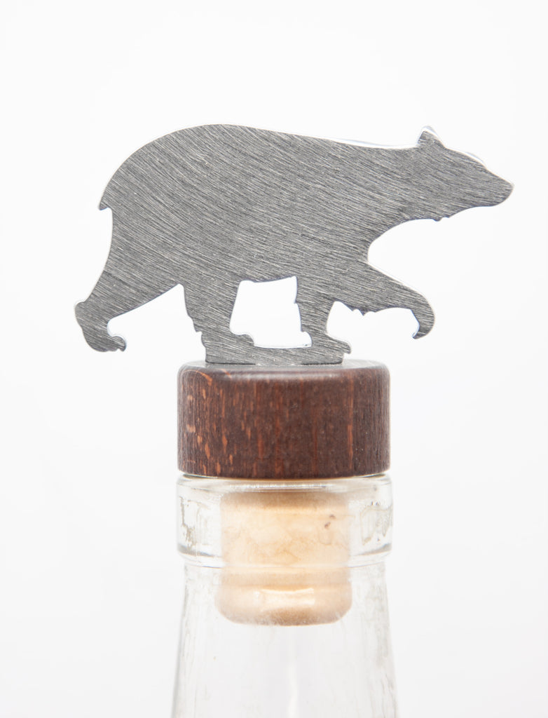Black Bear Wine Bottle Stopper Silver created by Blue Moose Metals. Made in Montana