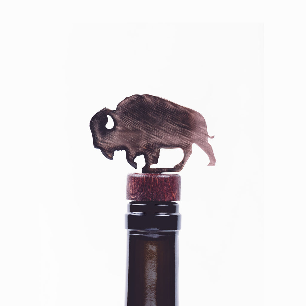 Bison Wine Bottle Stopper Bronze created by Blue Moose Metals. Made in Montana