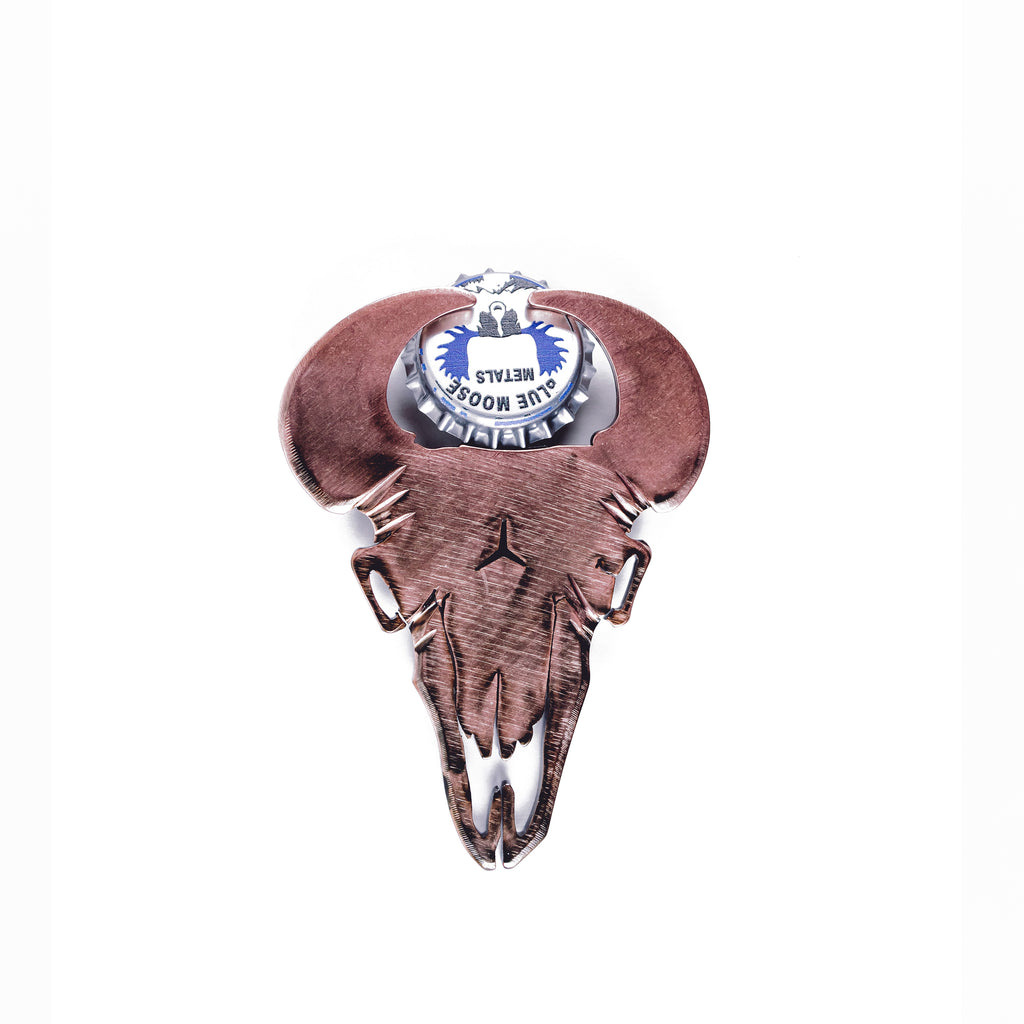 Bison Skull Magnetic Bottle Opener Bronze created by Blue Moose Metals. Made in Montana