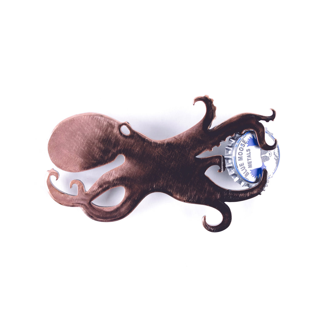 Octopus Magnetic Bottle Opener Bronze created by Blue Moose Metals. Made in Montana