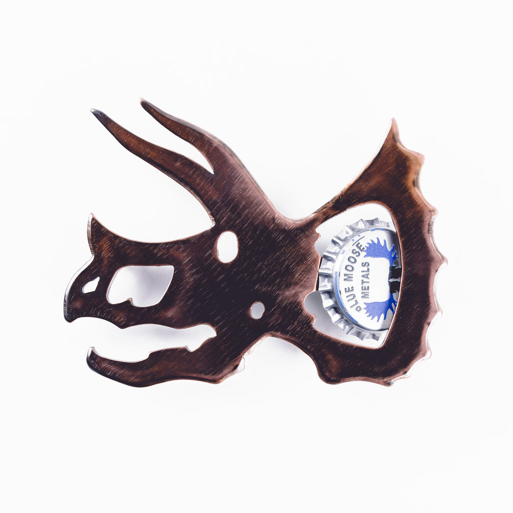 Triceratops Magnetic Bottle Opener Bronze created by Blue Moose Metals. Made in Montana
