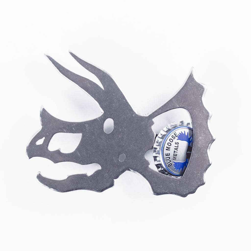 Triceratops Magnetic Bottle Opener Silver created by Blue Moose Metals. Made in Montana