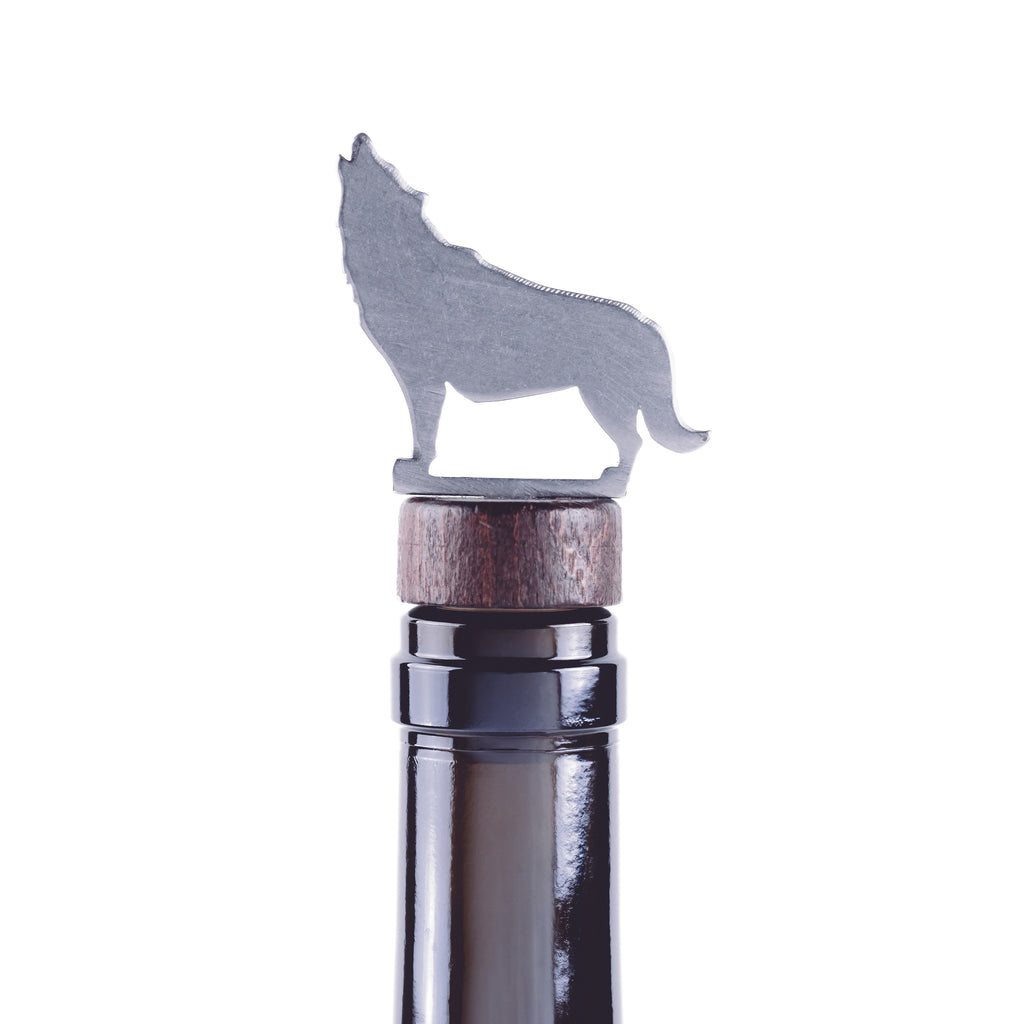 Wolf Wine Bottle Stopper Silver created by Blue Moose Metals. Made in Montana
