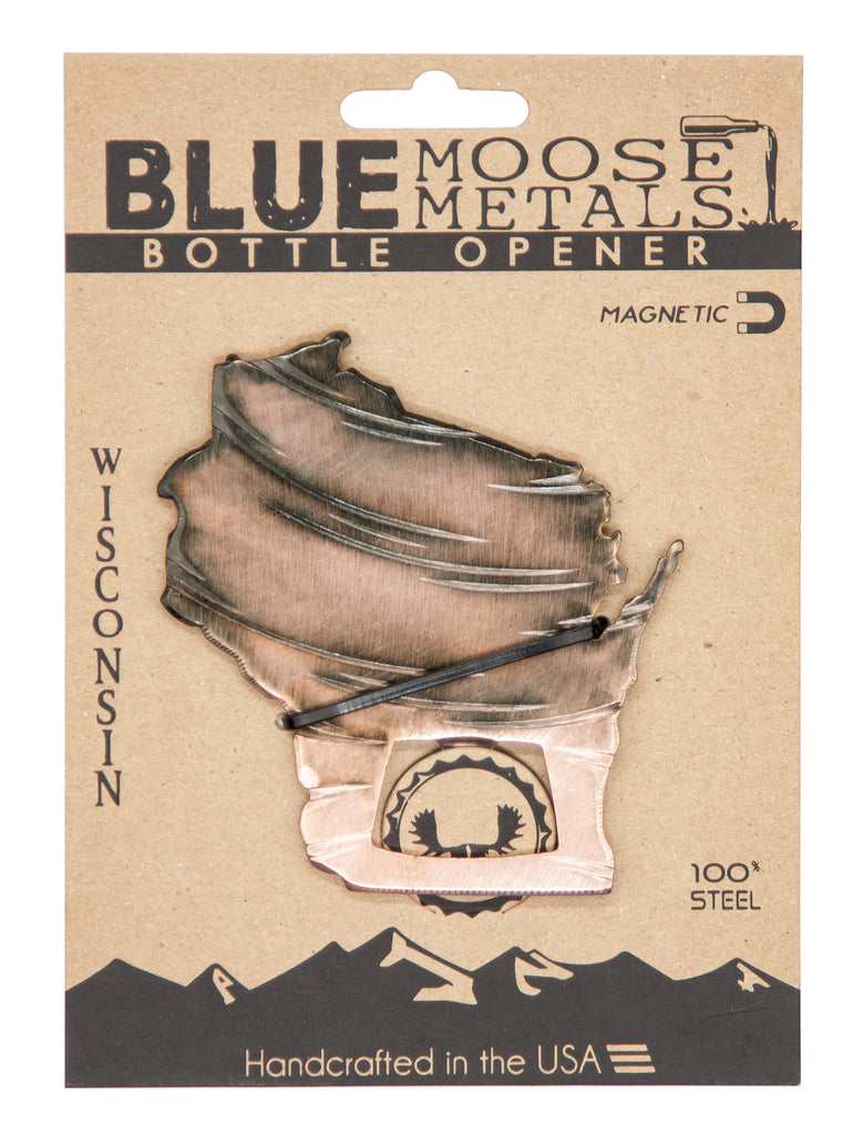 Wisconsin State Magnetic Bottle Opener created by Blue Moose Metals. Made in Montana