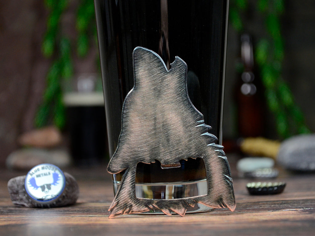 Wolf Magnetic Bottle Opener created by Blue Moose Metals. Made in Montana