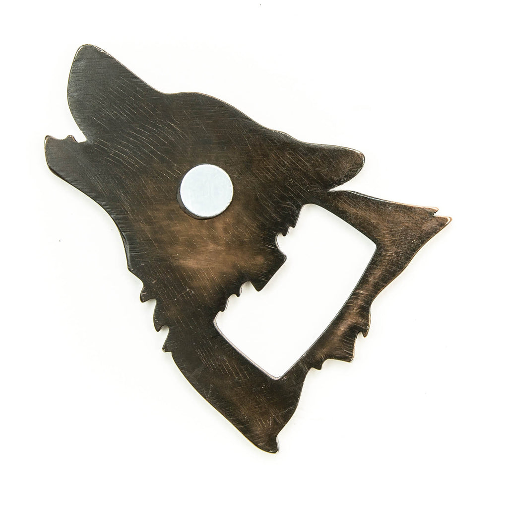 Wolf Magnetic Bottle Opener created by Blue Moose Metals. Made in Montana